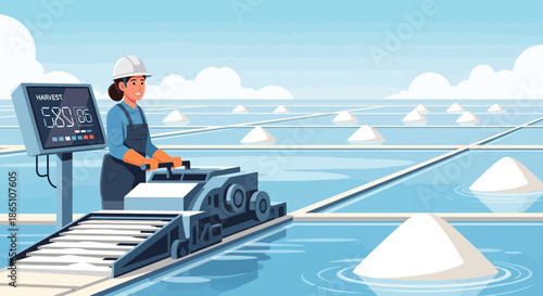 Salt worker operating machinery in salt evaporation pond.