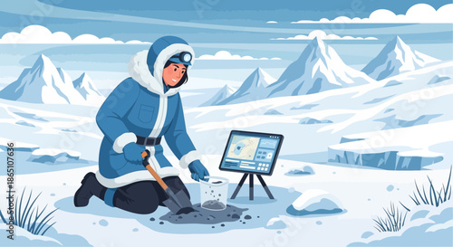 Scientist Collecting Ice Core Samples in Arctic Landscape.