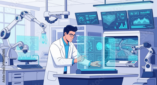 Scientist in Futuristic Lab Conducting Research with Advanced Technology.