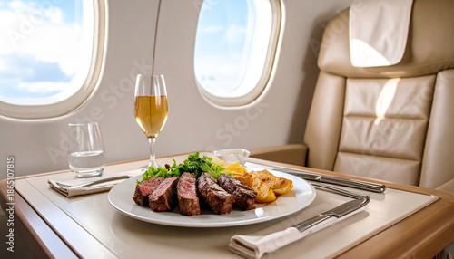 Business class meal with steak and champagne on plane. Luxury airline catering service for passenger during comfortable flight. First class travel concept with food and drink by airplane window