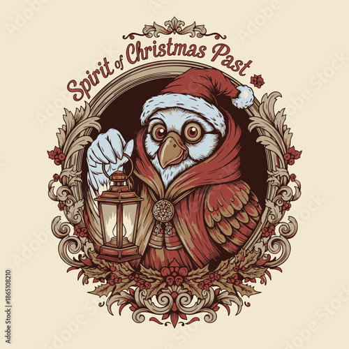 Enchanting Owl Figure in Festive Robes, Holding a Luminous Lantern, Symbolizing Timeless Holiday Traditions and Cherished Memories