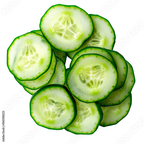 Sliced cucumber rounds arranged in a small stack in realistic food style isolated on transparent background