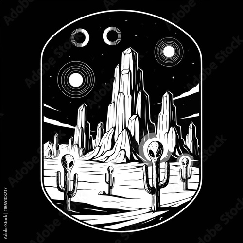 Conceptual Vision Mysterious Extraterrestrials Roaming an Alien Desert Landscape Beneath a Cosmic Night Sky