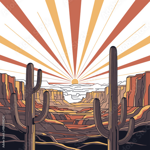 Vibrant Desert Horizon at Dawn with Towering Saguaro Cacti Silhouettes Against a Radiant Sunburst Sky in a Deep Canyon Landscape