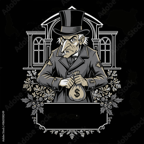 Cartoon illustration of a stern, top-hatted man with a money bag, symbolizing classic wealth, historical finance, and economic power in a vintage style