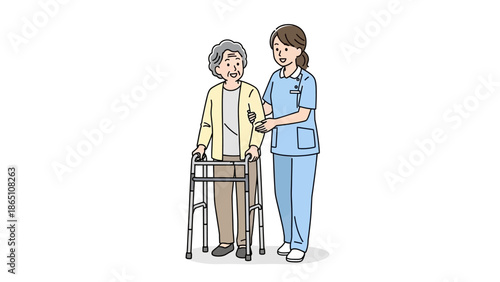 Nurse Assisting Elder Page with Walker Page.