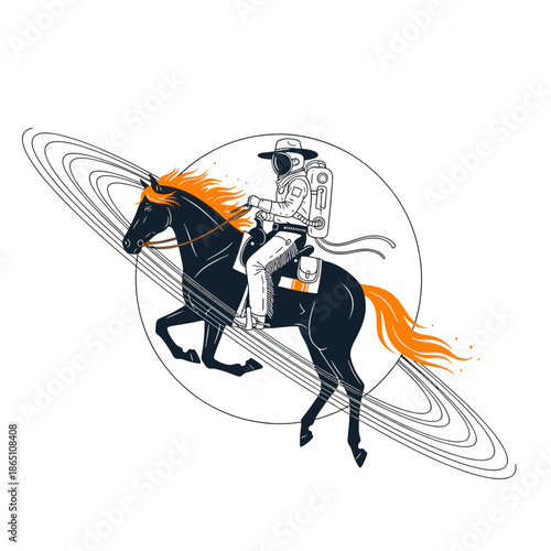 Whimsical illustration of an astronaut cowboy riding a majestic horse across a celestial backdrop, featuring abstract planetary rings and cosmic energy