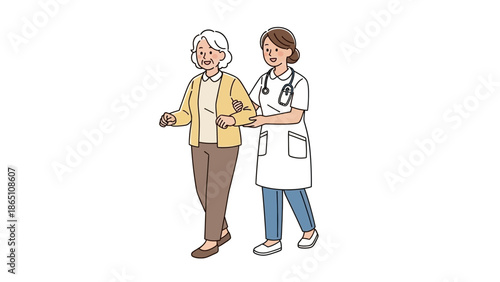 Doctor Assisting Elderly Patient Walking Together.