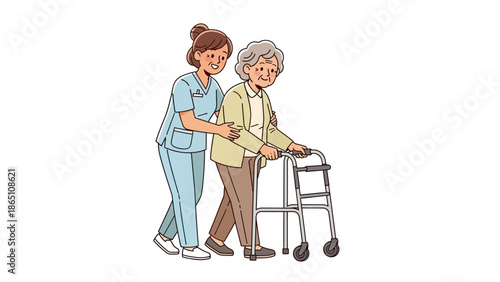 Caregiver Assisting Elderly Woman with Walker.