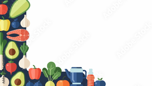 Creative nutrition border design with flat icons of fresh avocado, red salmon steak, and organic garden vegetables. Geometric vector frame style.