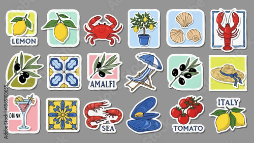 Mediterranean vacation sticker pack featuring Amalfi coast lemons, fresh lobster, and traditional Italian majolica tiles. Summer travel vector style.
