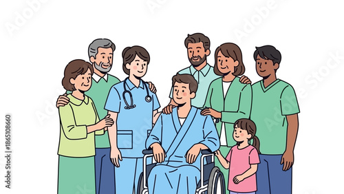 Illustration of Man in Wheelchair with Family and Medical Staff Page.