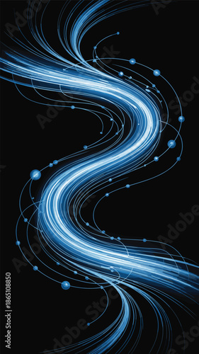 Dynamic Blue Energy Stream with Luminous Orbs, technology concept