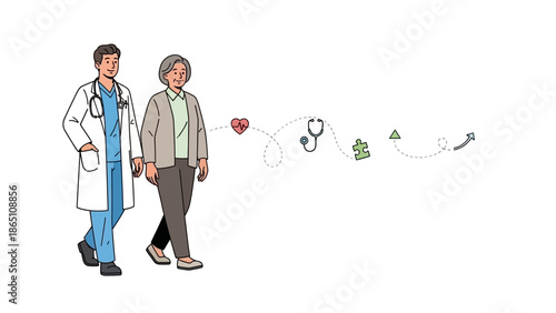 Doctor Walking with Senior Patient Illustration.