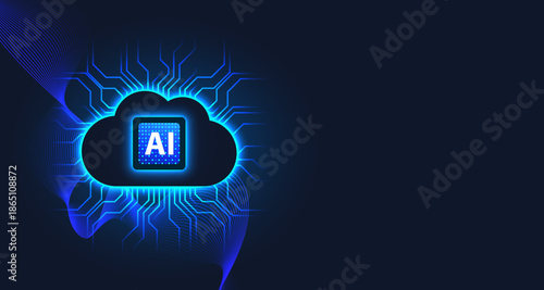 Futuristic AI cloud icon with glowing neural circuit lines on a dark background, representing artificial intelligence, machine learning, data processing, and digital technology.