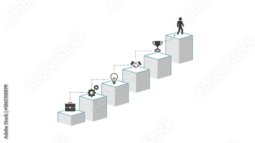 Career Progression and Business Growth Stages Visualized on Cubed Steps with Icons and Silhouette