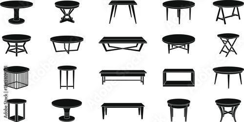 Modern Table Silhouette Vector Set Featuring Round Dining Tables, Coffee Tables, Desks, Furniture Icons, Interior Design Elements, and Home Decor Outlines