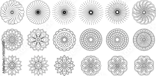 Abstract floral mandala vector set with circular geometric line art rosettes for decorative patterns, branding, backgrounds, and creative design projects