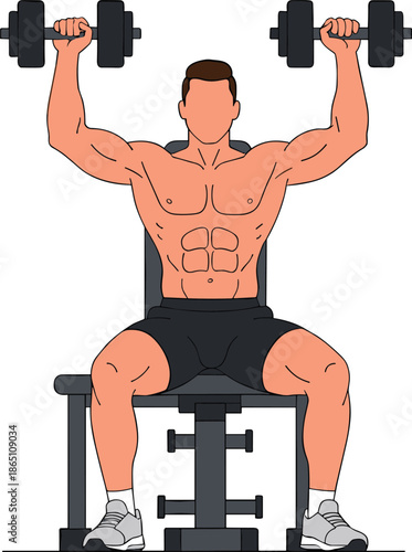 Muscular man performing seated dumbbell shoulder press exercise in gym, fitness strength training illustration for workout, bodybuilding, health and wellness