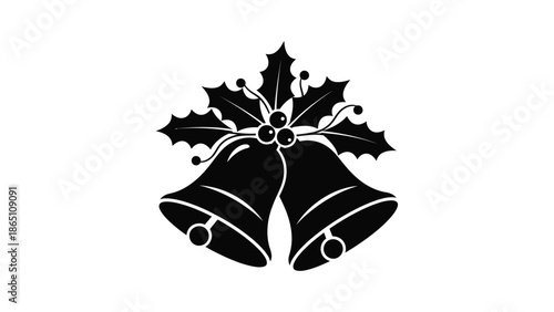 A festive illustration of black christmas bells and holly leaves on white