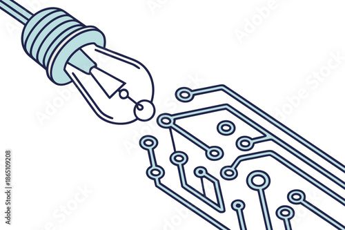 Digital circuit pathways emerging from a stylized pen nib, representing technological innovation and data flow.