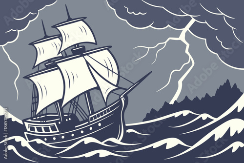 A majestic pirate ship bravely sails across a raging stormy sea with lightning striking nearby