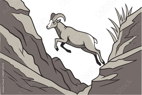 Agile Bighorn Sheep Leaping Across Precarious Rocky Terrain in a Dynamic Illustration