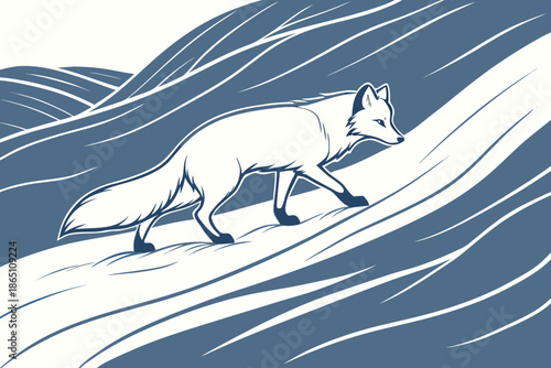 Graceful arctic fox walking through snowy landscape with stylized blue lines representing wind or snow