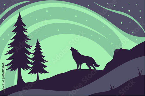 Wolf Howling at the Aurora Borealis Above a Dark, Snowy Landscape with Pine Trees