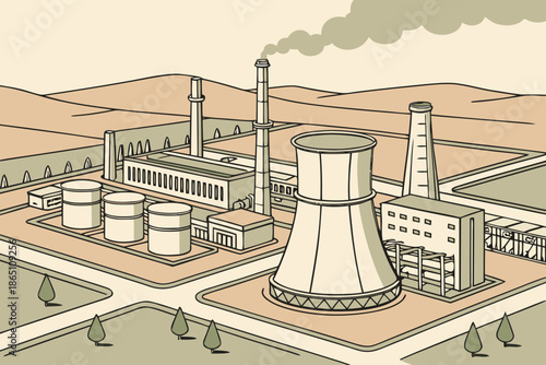 Sprawling Industrial Factory Complex with Smokestacks and Cooling Towers in a Desolate Landscape