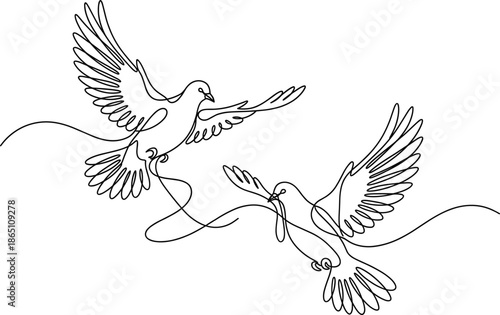 Continuous one line drawing of two pigeons flying in the sky minimalist elegant black and white modern bird vector style