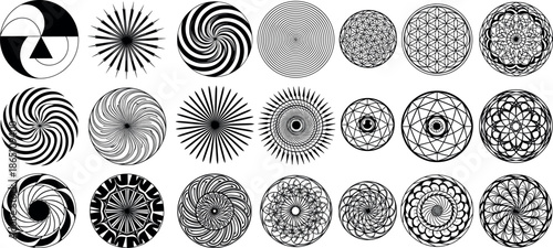 Abstract geometric circular mandala vector set with hypnotic spiral line art shapes for modern decorative, branding, and creative design use