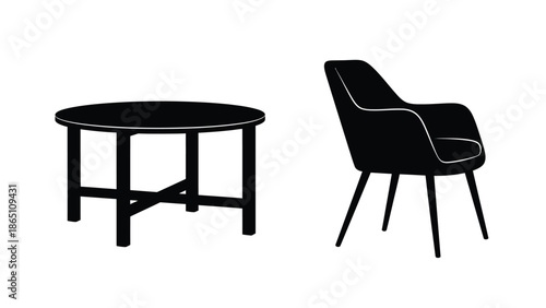 A simple black silhouette of a round table and a modern armchair