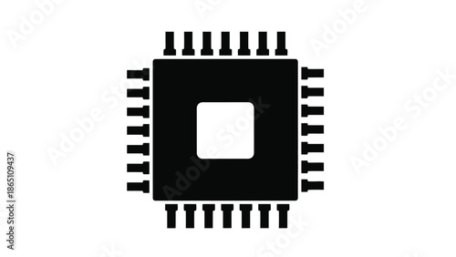 Simple black and white illustration of a microchip with many pins