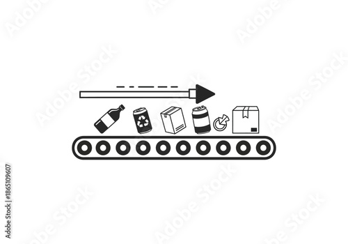 Vector Ilustration Concept Minimalist line icon of a recycling conveyor belt moving various waste items like cans, bottles, and cardboard boxes for sorting.