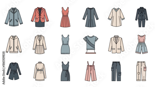 Collection of Various Fashion Clothing Items Illustrated.