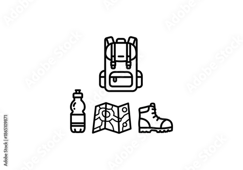 Vector Ilustration Concept Minimalist line art hiking and travel essentials set - backpack, water bottle, folded map, and sturdy boot icons.