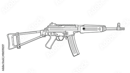 Detailed line drawing of an ak style assault rifle with a folding stock