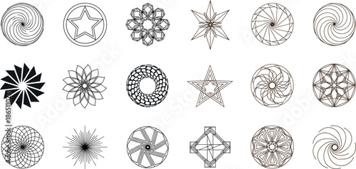 Abstract geometric mandala vector set with circular spirals, stars, and radial line art symbols for modern decorative and creative design use