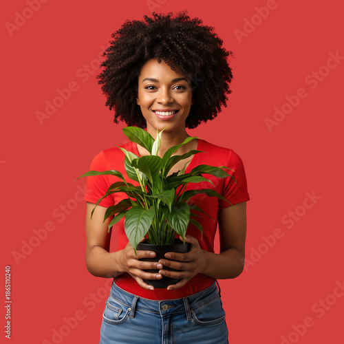 Woman with Curly Hair Holding Peace Lily Plant Against Red Background
