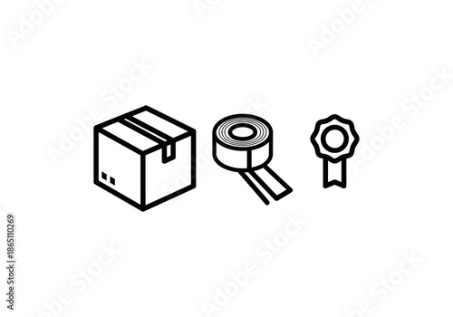 Vector Ilustration Concept Minimalist line art icons - cardboard box, packing tape roll, and ribbon badge, clean black outline style.