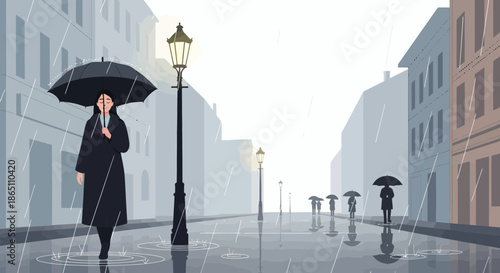 Woman Walking in the Rain with Umbrella on City Street.