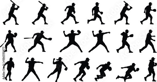 Baseball Player Silhouette Vector Set Featuring Batters, Pitchers, Fielders, Catchers, Softball Icons, Sports Competition Graphics, Athletic Poses, and League Design