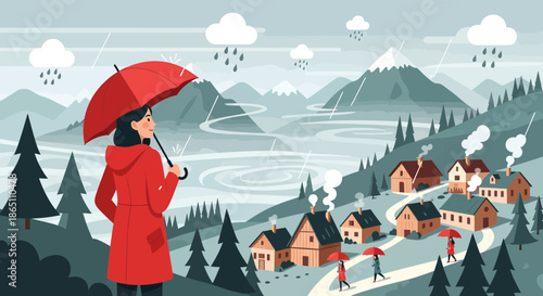 Woman with Red Umbrella in Rainy Mountain Village Scene.