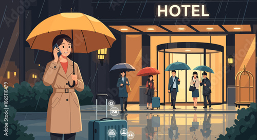 Woman with Umbrella Arriving at Hotel in Rainy Weather.