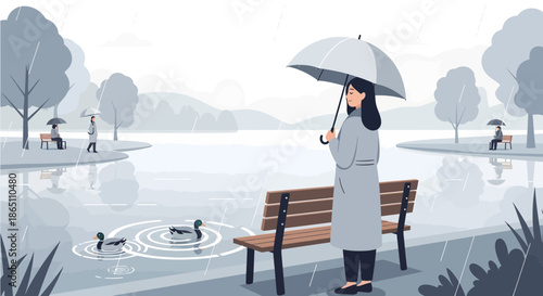 Woman with Umbrella by Lakeside Bench in Rainy Weather.