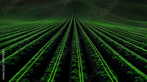 Futuristic smart farming concept with rows of crops illuminated by neon green lines. Digital agriculture technology, data analysis, and innovation background