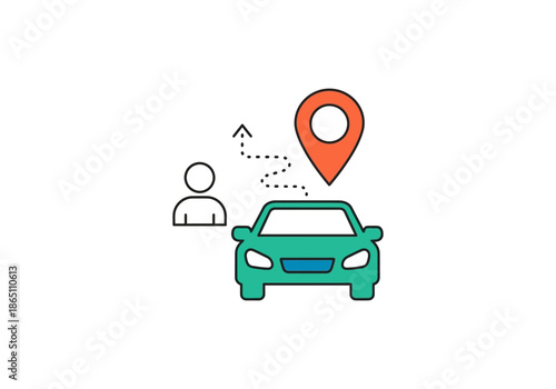Vector Ilustration Concept Minimalist line art icon of a ride-sharing service with a car, passenger, and GPS map pin.