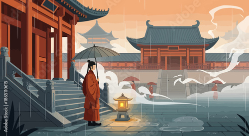 Figure in Traditional Robe with Umbrella and Lantern in Courtyard.