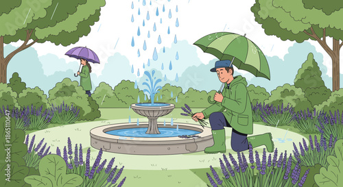 Gardener tending to fountain in the rain with umbrella.